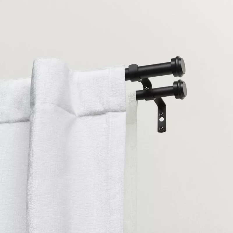 Double Curtain Rod and Finial Set, Matte Black, 66"-120"